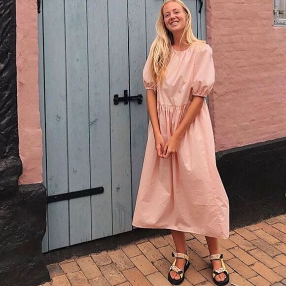 Calf-length Dress Dusty Pink Cotton M NWT Wide Cut - Picture 3 of 8